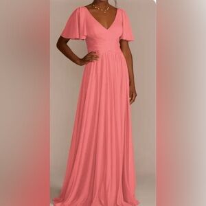 Elegant Maxi Dress - Coral Reef (Pink Orange) Flutter Sleeve Mesh